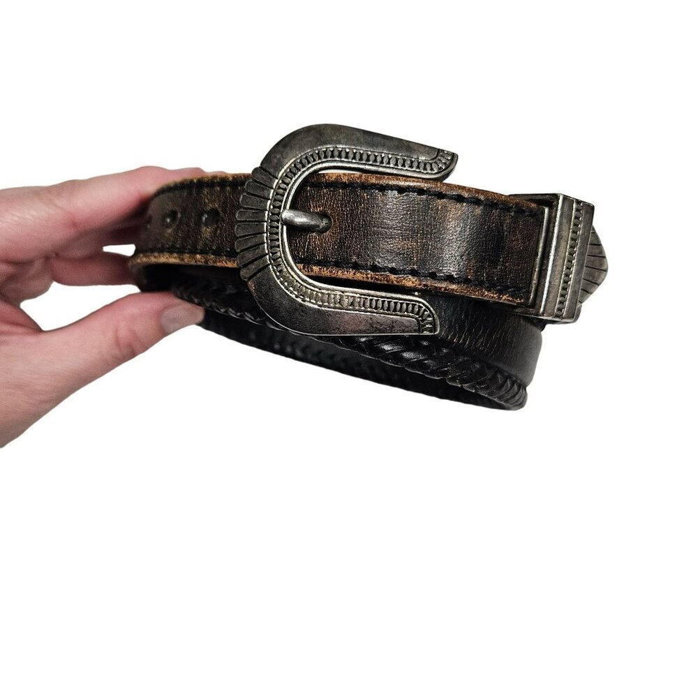 Vintage Womens Leather Belt Braided Edges Western‎ Buckle sz 30 Distressed Look